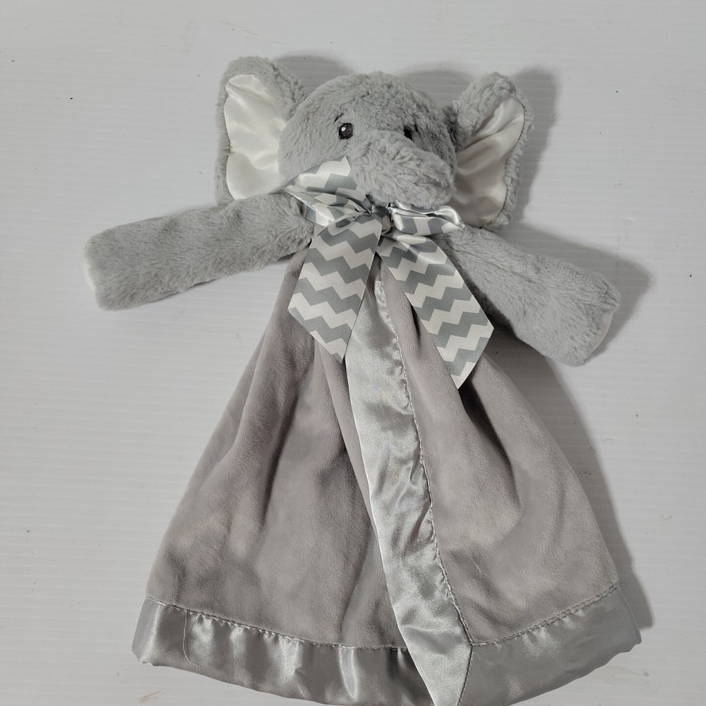 Bearington Baby Elephant Grey Plush Security Blanket Lovey 14 Inch Chevron Bow